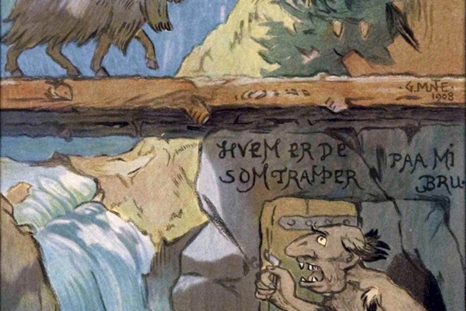 Gerhard_Munthe_(1849-1929)_De_tre_bukkene_Bruse_1908_(Three_Billy_Goats_Gruff)_Watercolour_drawing_Norsk_Folkemuseum_Norway_DigitaltMuseum_Cropped_NF.01563_Public_domain_PDM.jpg